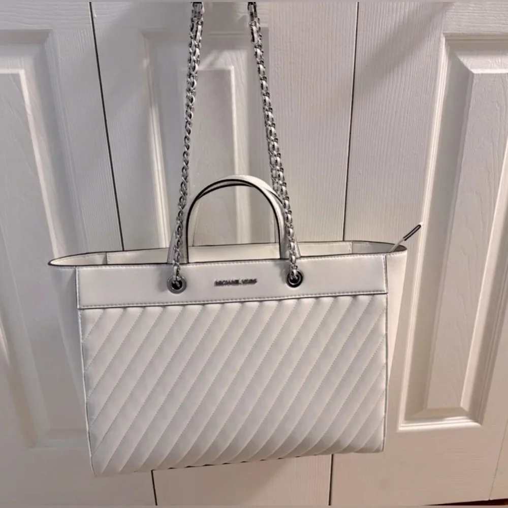 Michael Kors Rose Large East West Vegan Leather Tote Bag Optic White